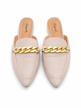 Qupid Nude Pointed Toe Mule Flats Gold Chain Slip On Loafers Women’s Shoes Chic